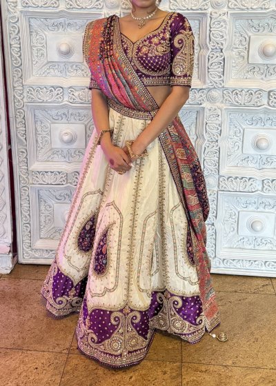 Ivory and Purple Embroidered Lehenga