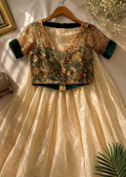 Cream and Emerald Sequin Lehenga