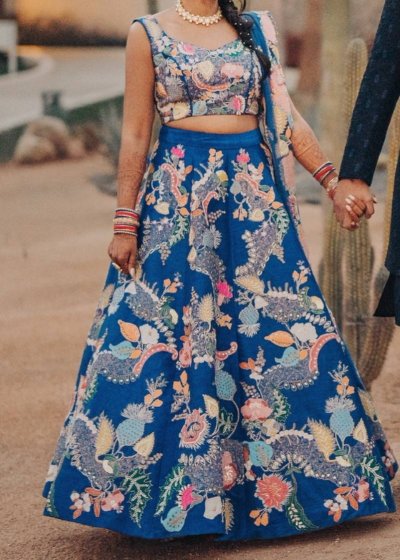 Aisha Rao Blue Floral Embroidered Lehenga