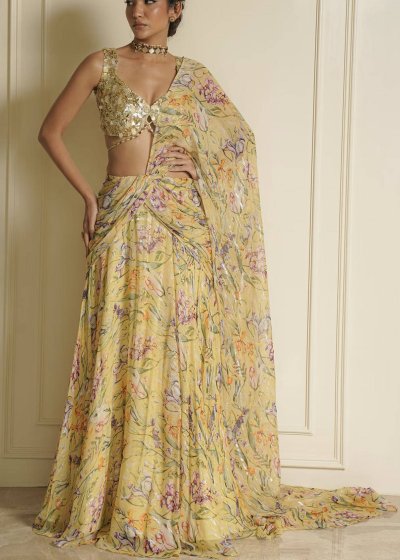*unavailable* Yellow Floral Print Pre-Drape Sari