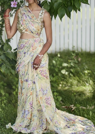*unavailable* Yellow Floral Print Pre-Drape Sari