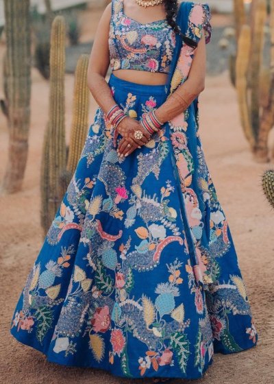 Aisha Rao Blue Floral Embroidered Lehenga
