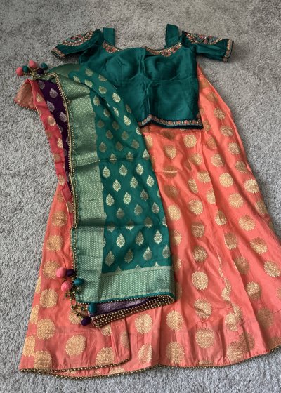 Teal Peach Brocade Lehenga