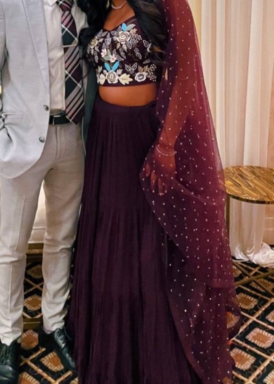 Deep Plum Floral-Beaded Lehenga