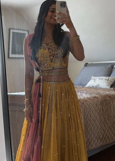 Mustard Floral-Print Lehenga