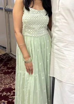 Sage Green Mirror Embroidered Tiered Gown