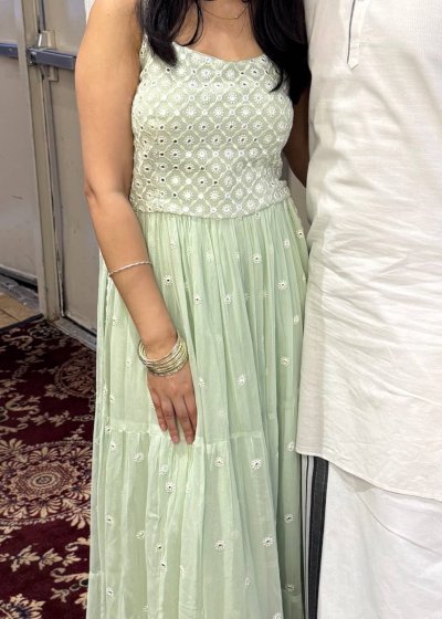 Sage Green Mirror Embroidered Tiered Gown