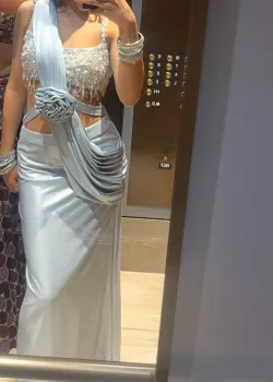 Powder Blue Embellished Pre-Draped Sari - hover