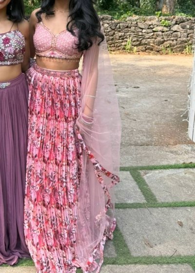 Pink Floral Pleated Lehenga
