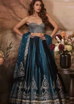 Teal Velvet Corset Lehenga - hover
