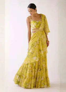 Yellow Embellished Floral Pre-Draped Sari - hover