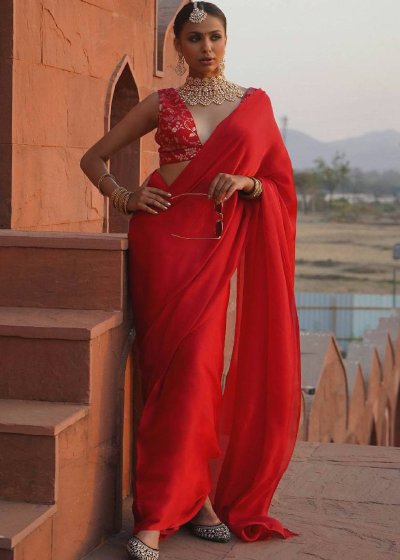Red Pre-Draped Sari Set