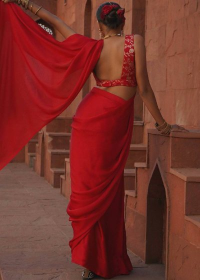 Red Pre-Draped Sari Set