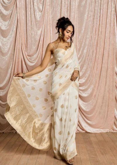 Ivory and Gold Banarasi Corset Sari