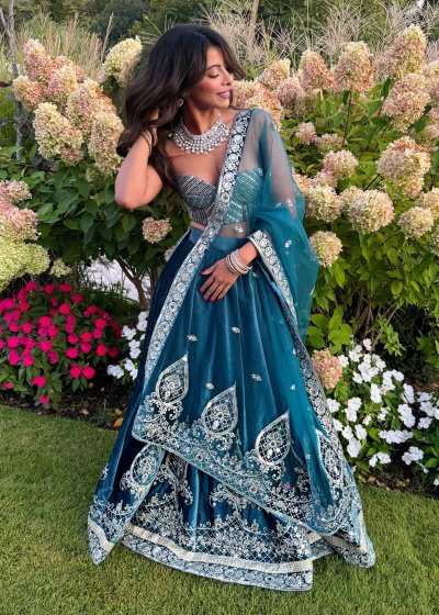 Teal Velvet Corset Lehenga
