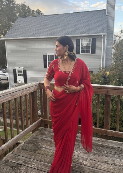 Red Beaded Trim Sari