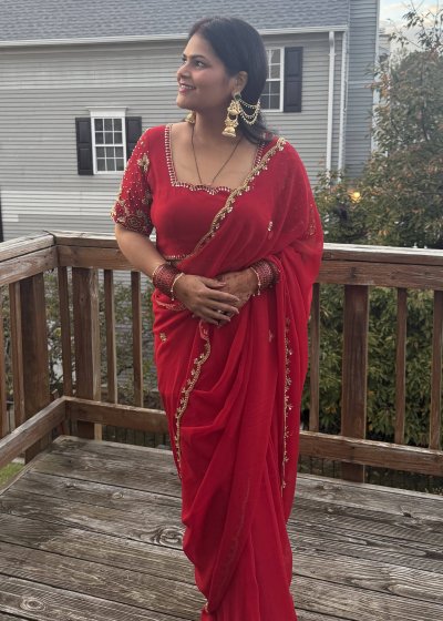 Red Beaded Trim Sari