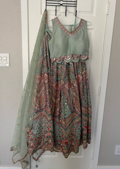 Sage Green Mirrorwork Embroidered Lehenga