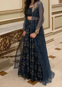 Navy Floral Embroidered Lehenga