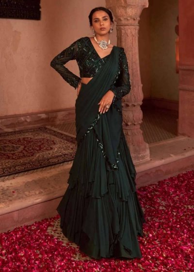 Emerald Green Beaded Tiered Lehenga