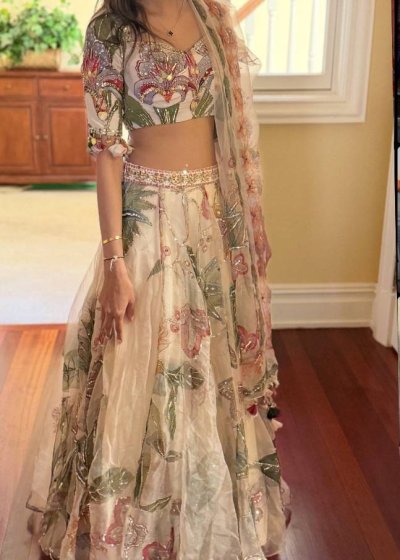 Ivory Floral Print Lehenga