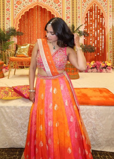 Pink Orange Panel Lehenga