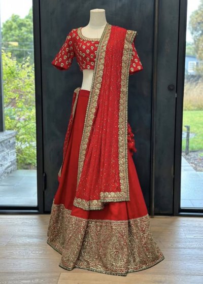 Red Gold Embroidered Lehenga