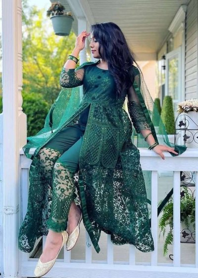 Green Embroidered Cape Set