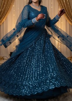Teal Sequined Lehenga - hover