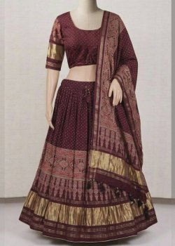 Maroon Printed Zari-Border Lehenga