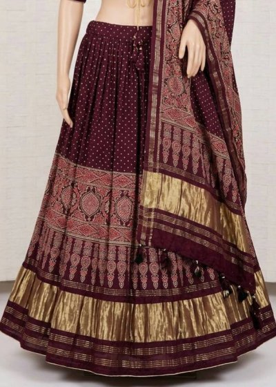Maroon Printed Zari-Border Lehenga