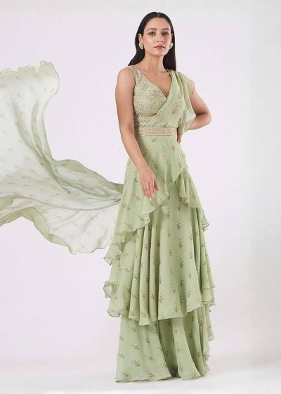 Sage Green Ruffled Sari
