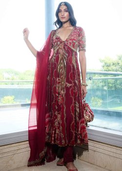 Anabia Red Embellished Anarkali