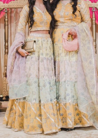 Yellow Pastel Tiered Lehenga