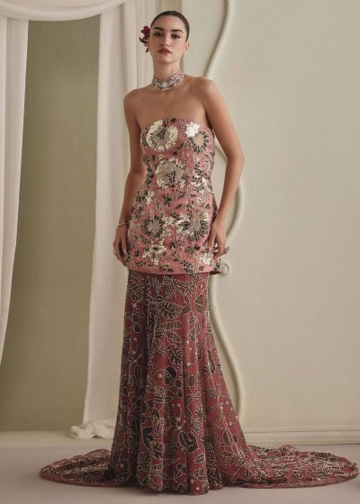 Pink Floral Sequin Skirt Set
