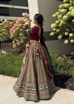 Brown and Maroon Embroidered Lehenga - hover