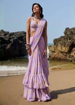 Lilac Floral Print Pre-Draped Sari