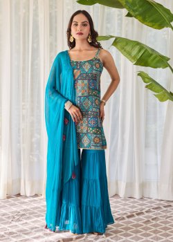 Teal Patchwork Mirrorwork Sharara Set