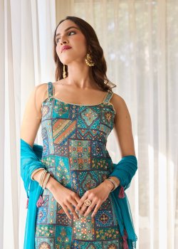 Teal Patchwork Mirrorwork Sharara Set