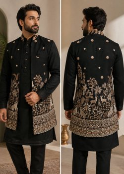 Black Embroidered Nehru Jacket Kurta Set