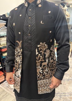 Black Embroidered Nehru Jacket Kurta Set