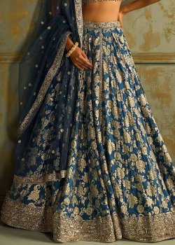 Navy Gold Floral Brocade Lehenga