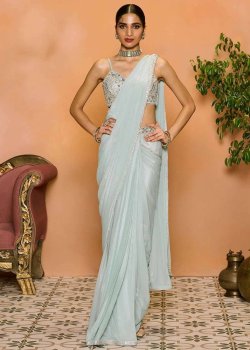 Dusty Mint Georgette Pre-Draped Sari