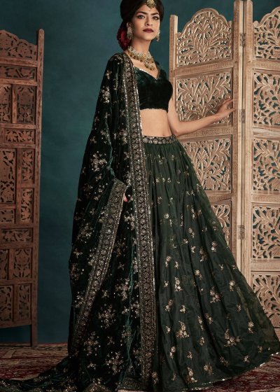 Emerald Green Velvet Lehenga