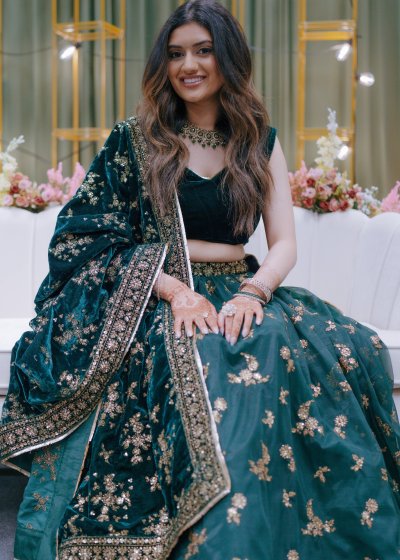 Emerald Green Velvet Lehenga