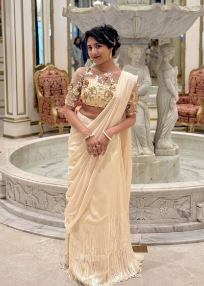 Ivory Fringe Pre-Draped Sari