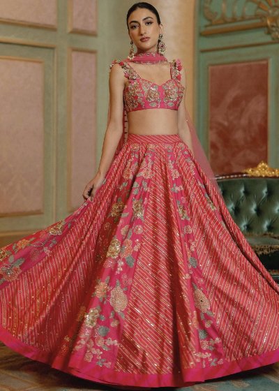 Pink Floral and Mixed Print Lehenga
