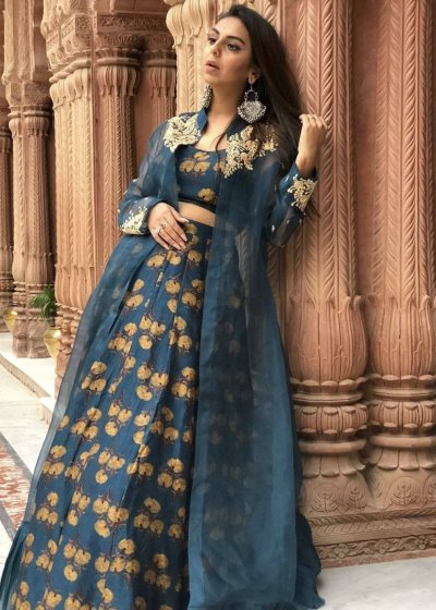 Navy Floral Embroidered Lehenga