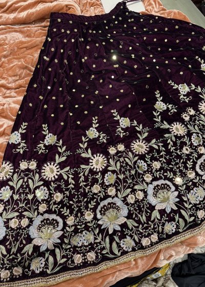 Wine Velvet Mirrorwork Lehenga