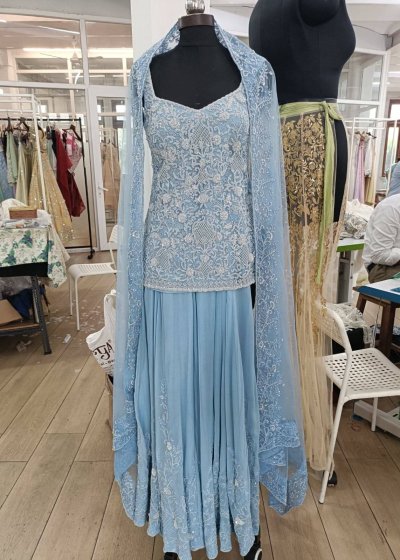 Powder Blue Embroidered Sharara